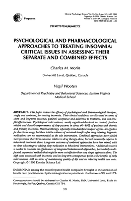 Psychological and Pharmacological Approaches to Treating Insomnia: Critical Issues in Assessing Their Separate and Combined Effects