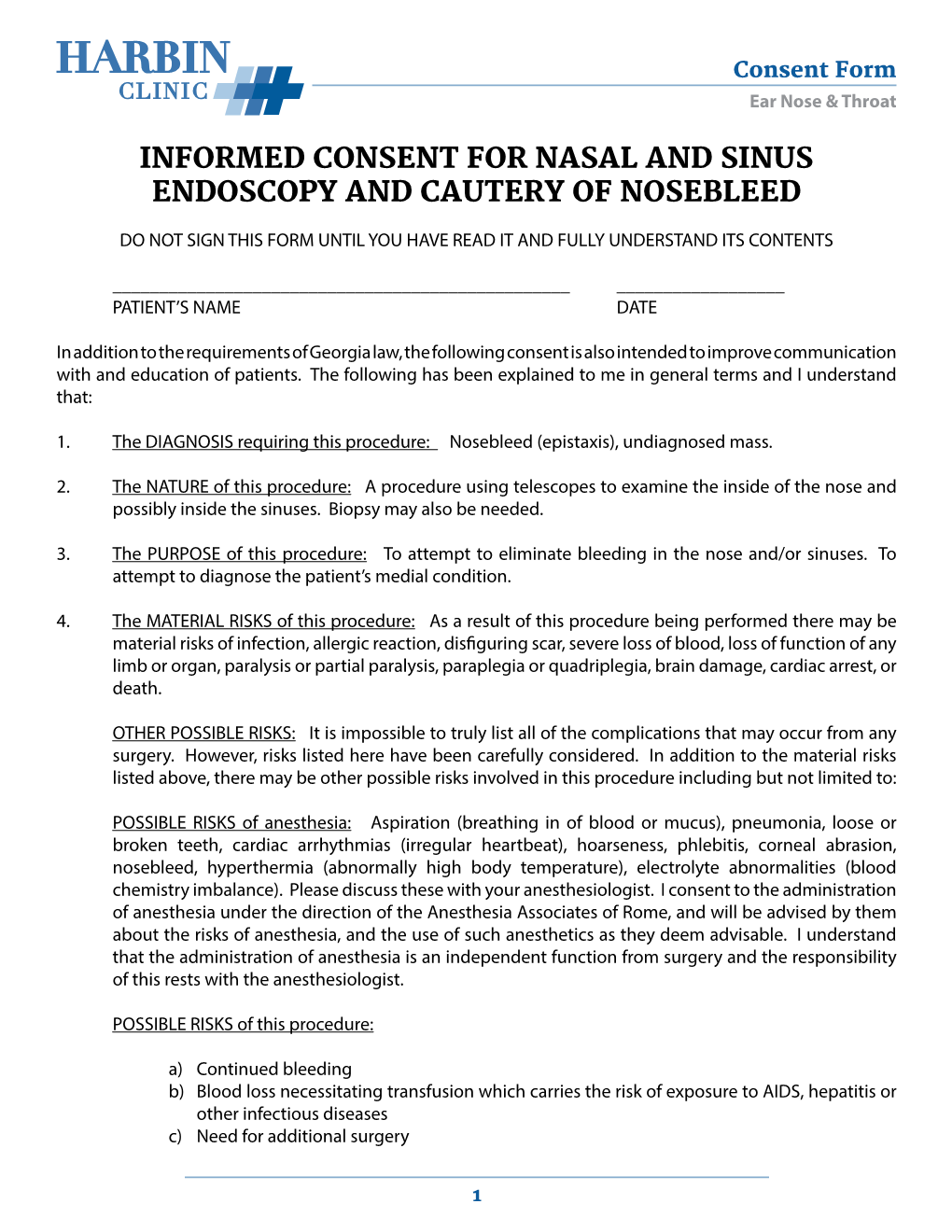 Informed Consent for Nasal & Sinus Endoscopy and Cautery of Nosebleed ...