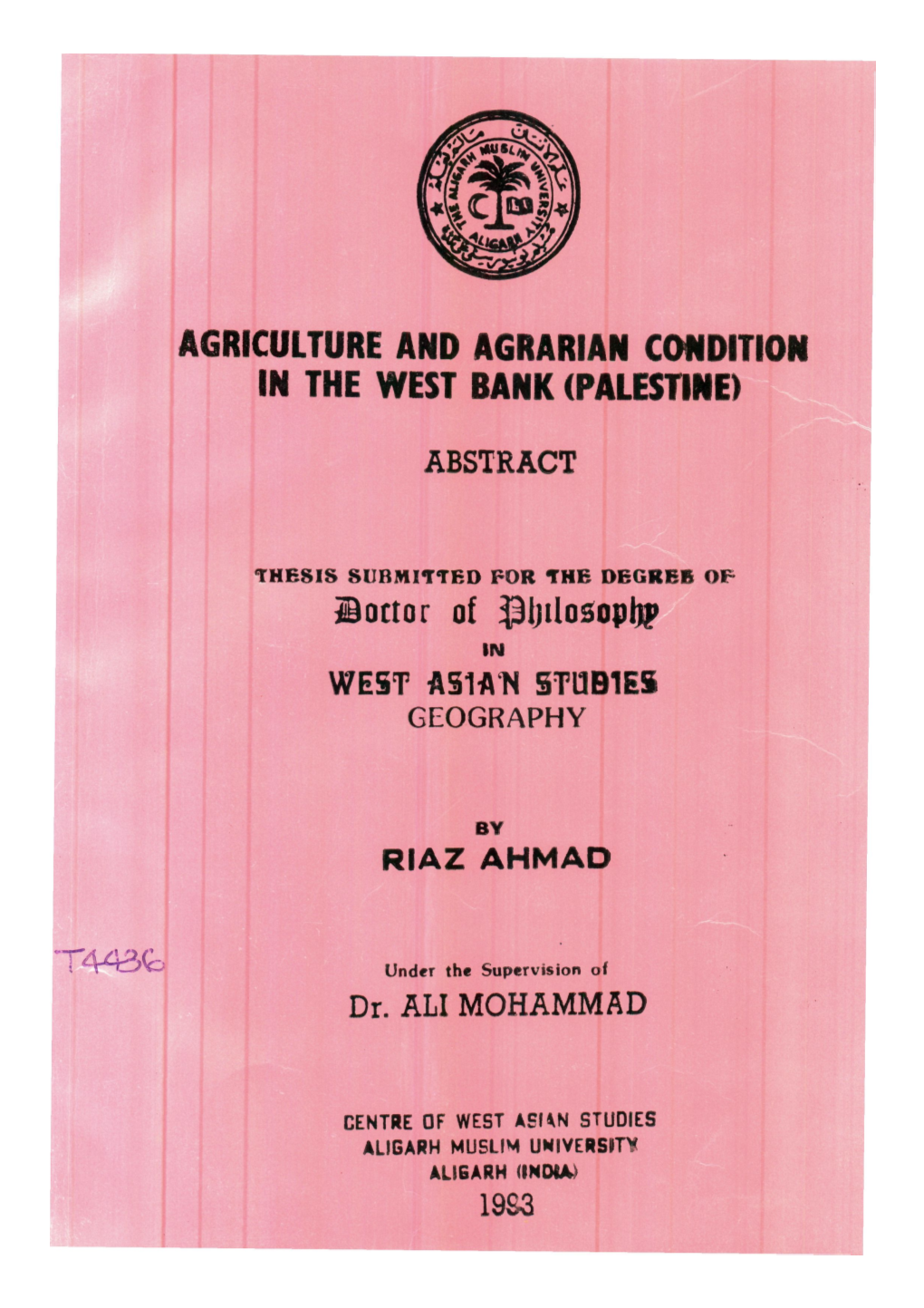 Agriculture and Agrarian Condition in the West Bank (Palestine)