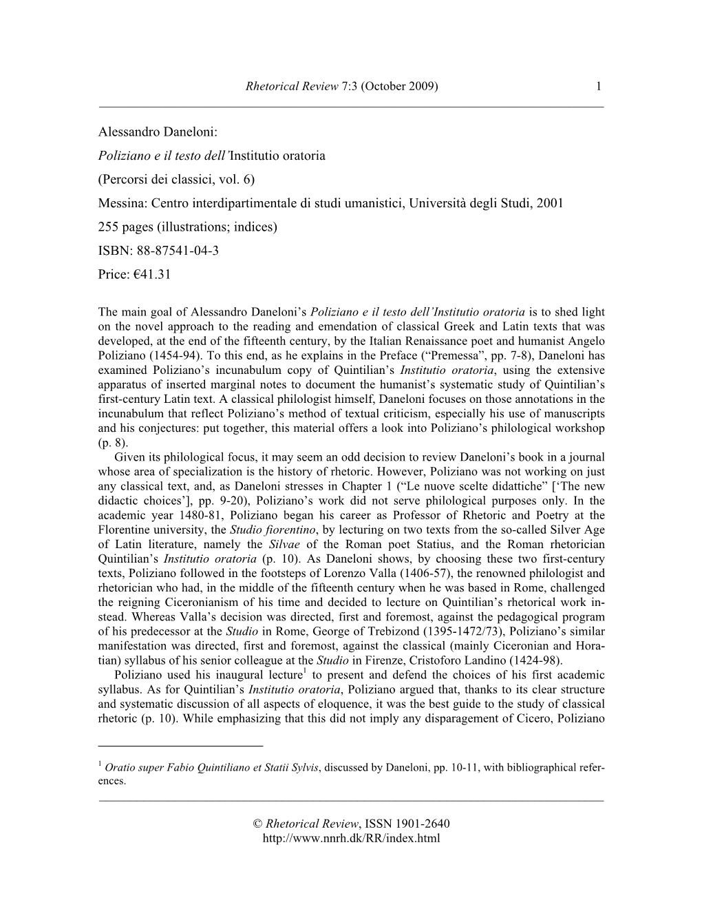 Alessandro Daneloni: Poliziano E Il Testo Dell'institutio Oratoria (Percorsi