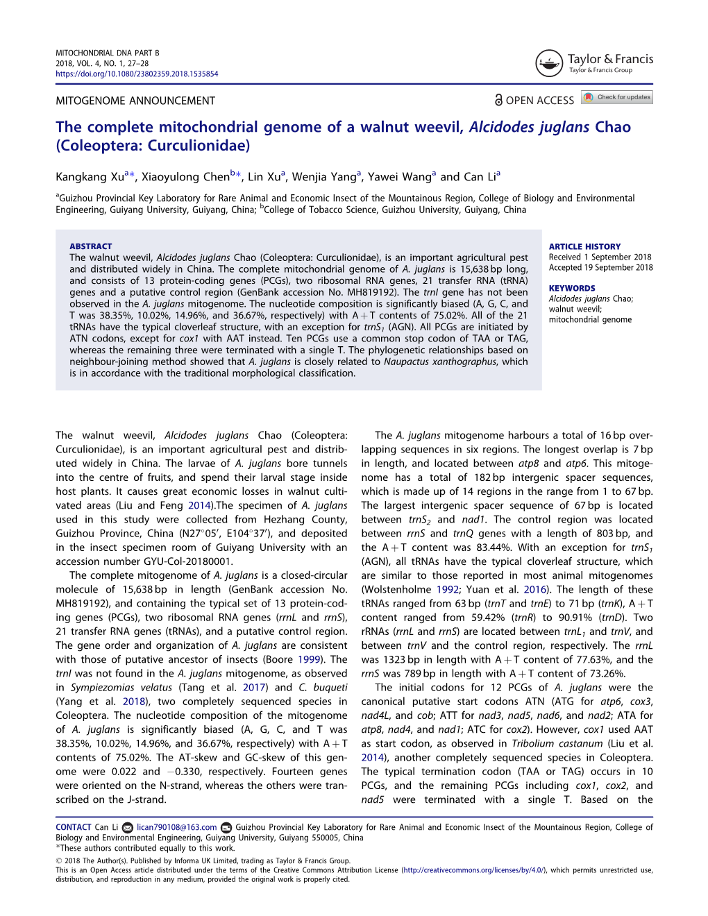 The Complete Mitochondrial Genome of a Walnut Weevil, Alcidodes Juglans Chao (Coleoptera: Curculionidae)