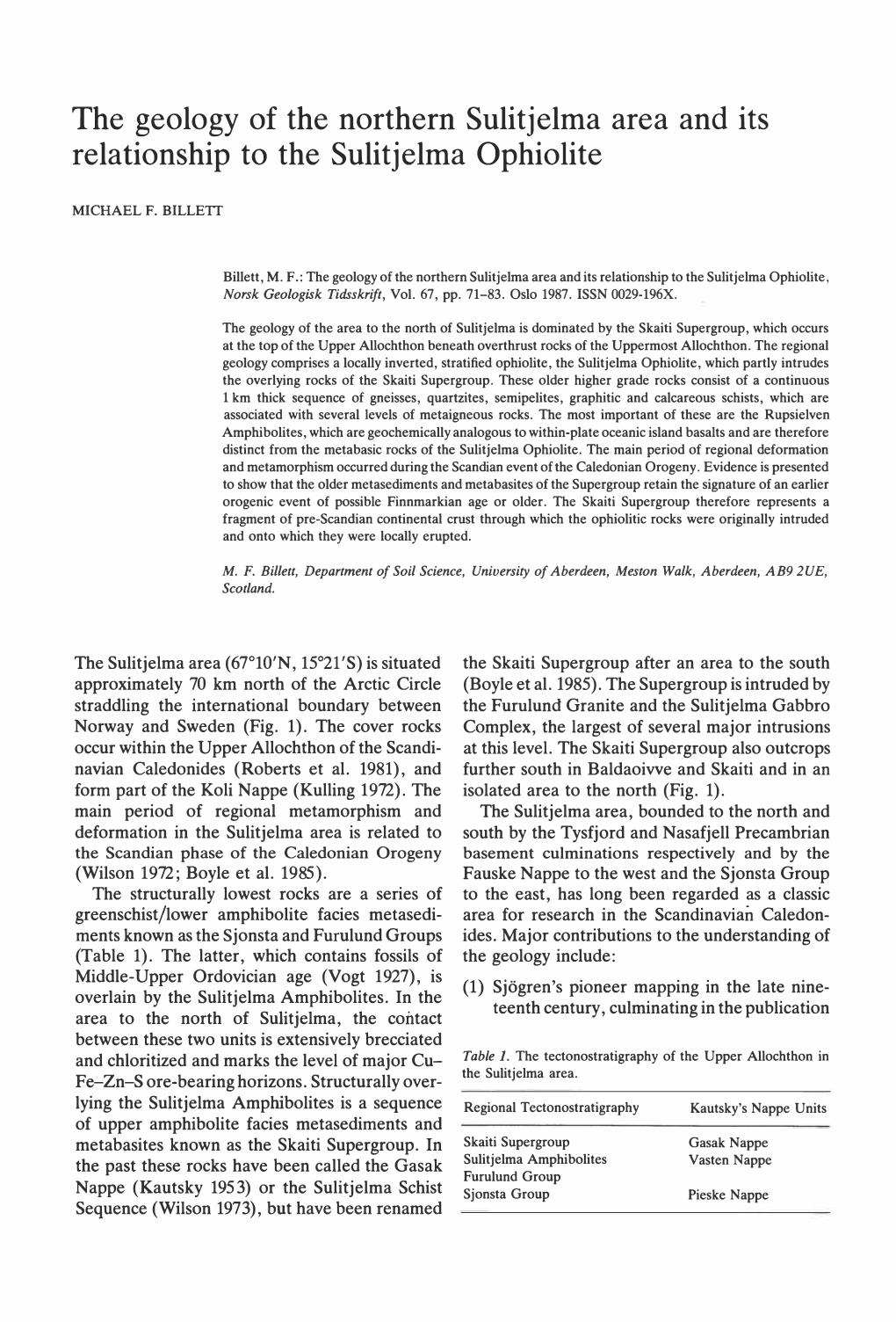 The Geology of the Northern Sulitjelma Area and Its Relationship to the Sulitjelma Ophiolite