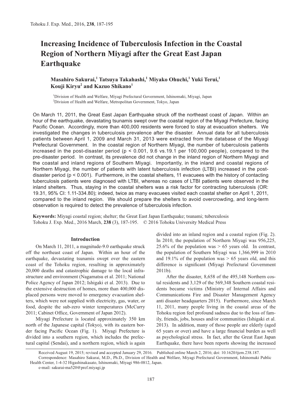 Increasing Incidence of Tuberculosis Infection in the Coastal Region of Northern Miyagi After the Great East Japan Earthquake