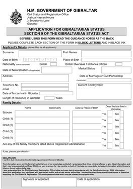 Application for Gibraltarian Status (Section 9)