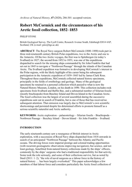 Robert Mccormick and the Circumstances of His Arctic Fossil Collection, 1852–1853