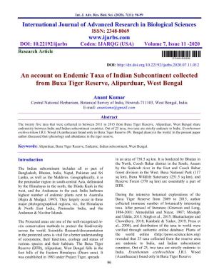 An Account on Endemic Taxa of Indian Subcontinent Collected from Buxa Tiger Reserve, Alipurduar, West Bengal