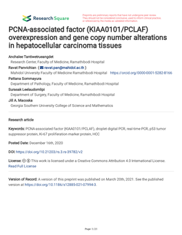 PCNA-Associated Factor (KIAA0101/PCLAF) Overexpression and Gene Copy Number Alterations in Hepatocellular Carcinoma Tissues