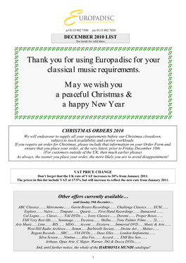 Thank You for Using Europadisc for Your Classical Music Requirements