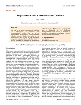 Polyaspartic Acid - a Versatile Green Chemical