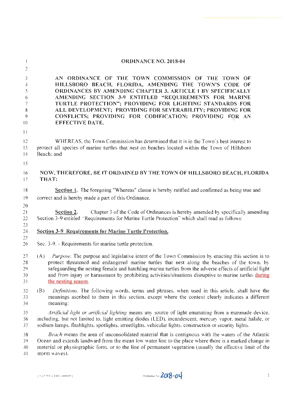 ORD. 2018-04 Amend Marine Sea Turtle Ordinance