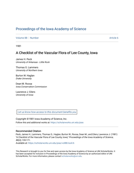 A Checklist of the Vascular Flora of Lee County, Iowa
