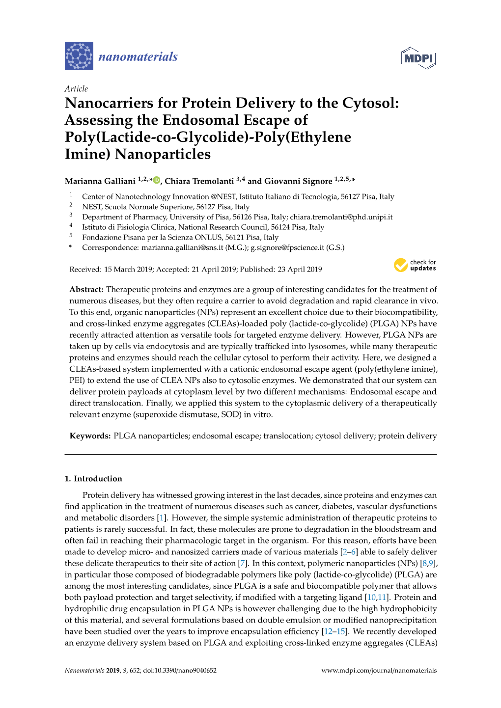 Nanocarriers for Protein Delivery to the Cytosol: Assessing the Endosomal Escape of Poly(Lactide-Co-Glycolide)-Poly(Ethylene Imine) Nanoparticles