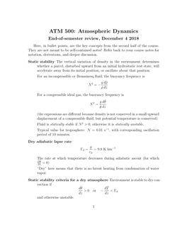 ATM 500: Atmospheric Dynamics End-Of-Semester Review, December 4 2018 Here, in Bullet Points, Are the Key Concepts from the Second Half of the Course