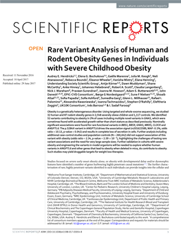 Rare Variant Analysis of Human and Rodent Obesity Genes in Individuals with Severe Childhood Obesity Received: 11 November 2016 Audrey E
