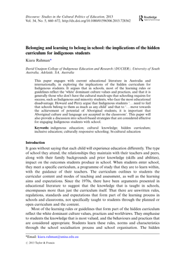 Belonging and Learning to Belong in School: the Implications of the Hidden Curriculum for Indigenous Students Kiara Rahman*