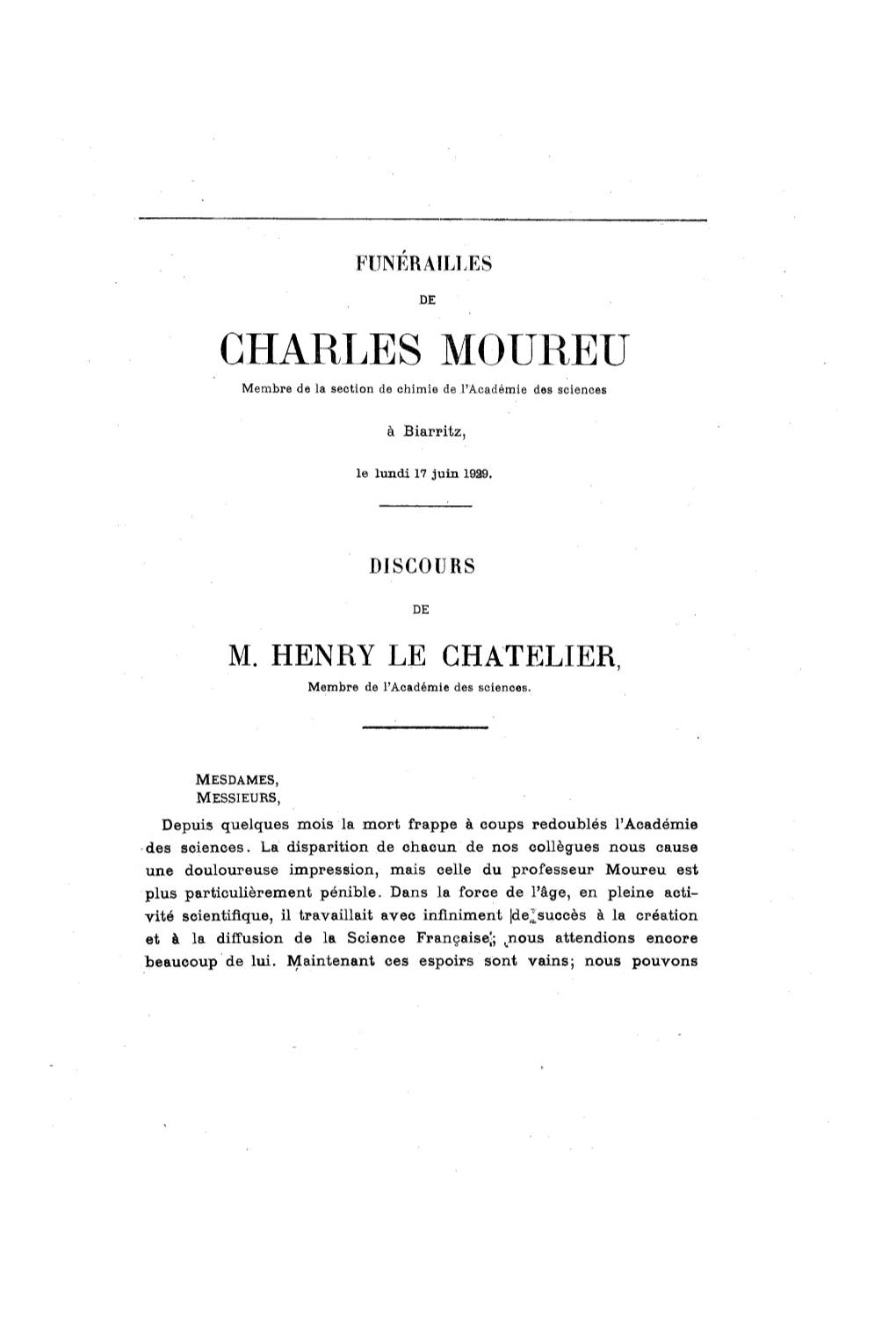 Discours Sur Charles Moureu, Lus Lors De Ses