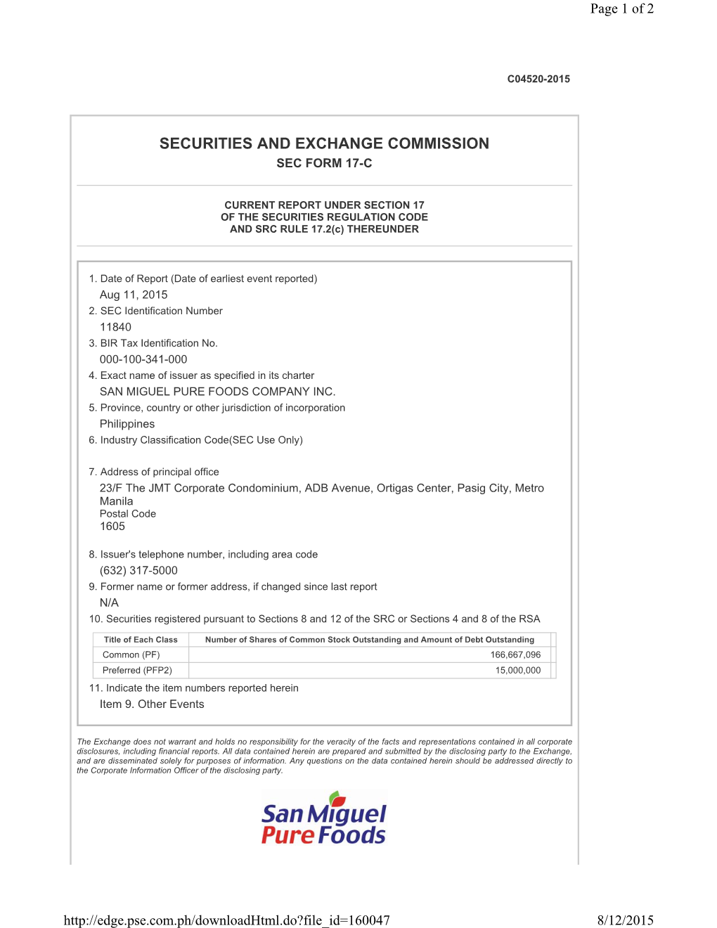 Securities and Exchange Commission Sec Form 17-C