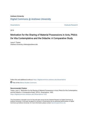 Motivation for the Sharing of Material Possessions in Acts, Philo's De Vita Contemplativa and the Didache: a Comparative Study