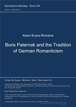 Boris Pasternak and the Tradition of German Romanticism