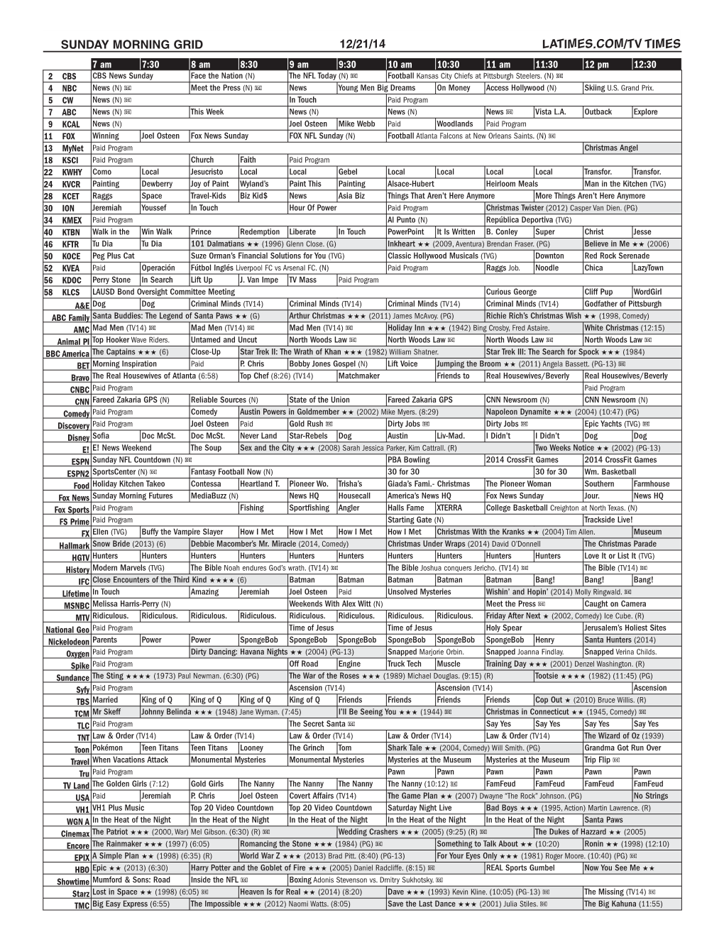 Sunday Morning Grid 12/21/14 Latimes.Com/Tv Times