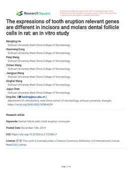 The Expressions of Tooth Eruption Relevant Genes Are Different in Incisors and Molars Dental Follicle Cells in Rat: an in Vitro Study