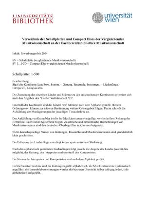 Verzeichnis Der Schallplatten Und Compact Discs Der Vergleichenden Musikwissenschaft an Der Fachbereichsbibliothek Musikwissenschaft