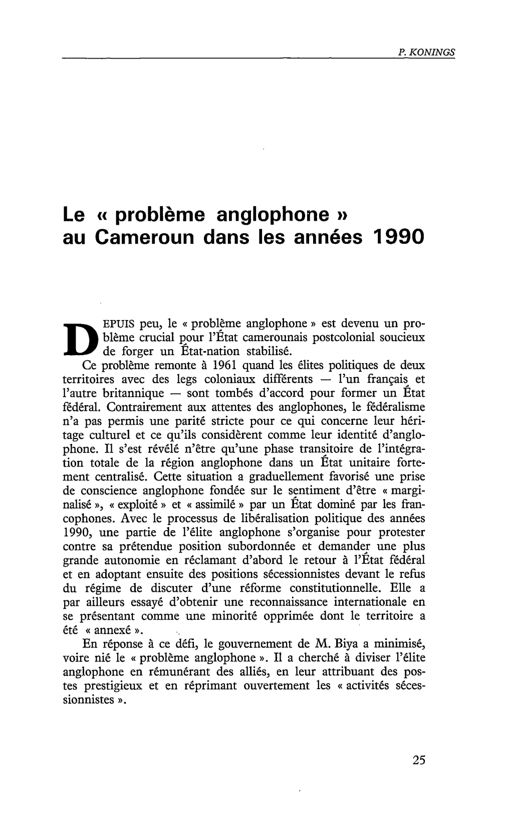 Le "Problème Anglophone" Au Cameroun Dans Les Années 1990