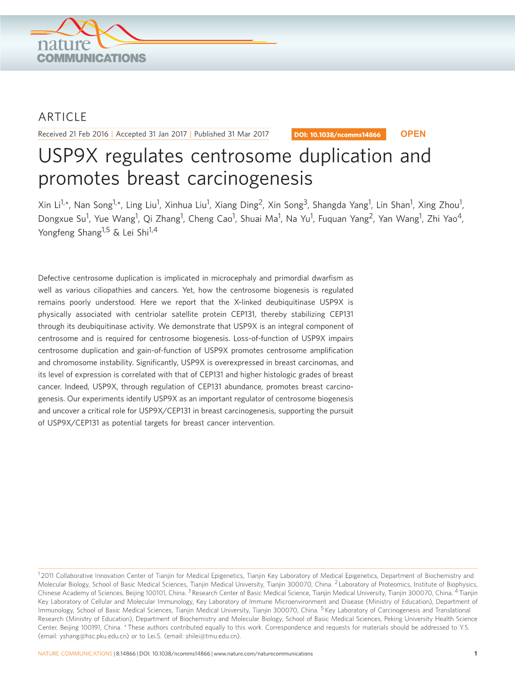 USP9X Regulates Centrosome Duplication and Promotes Breast Carcinogenesis