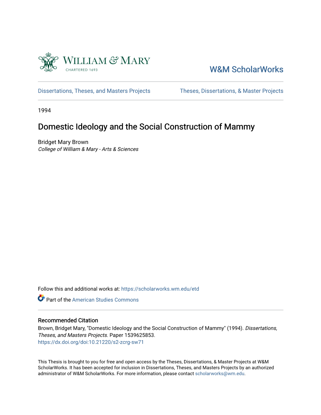 Domestic Ideology and the Social Construction of Mammy