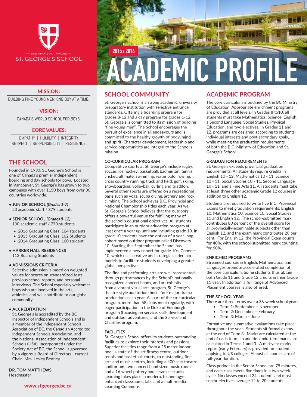 Academic Profile Mission: School Community Academic Program Building Fine Young Men