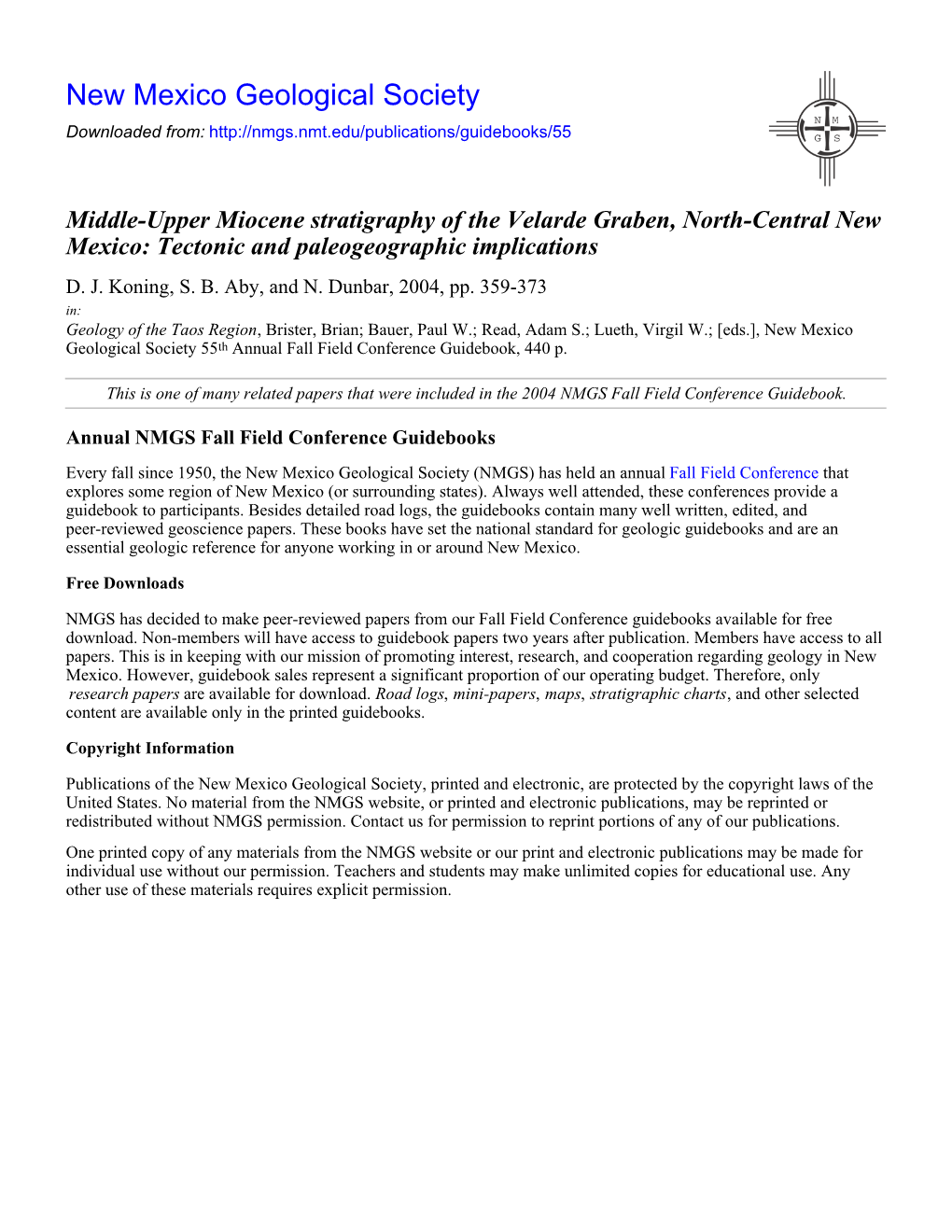 Middle-Upper Miocene Stratigraphy of the Velarde Graben, North-Central New Mexico: Tectonic and Paleogeographic Implications D