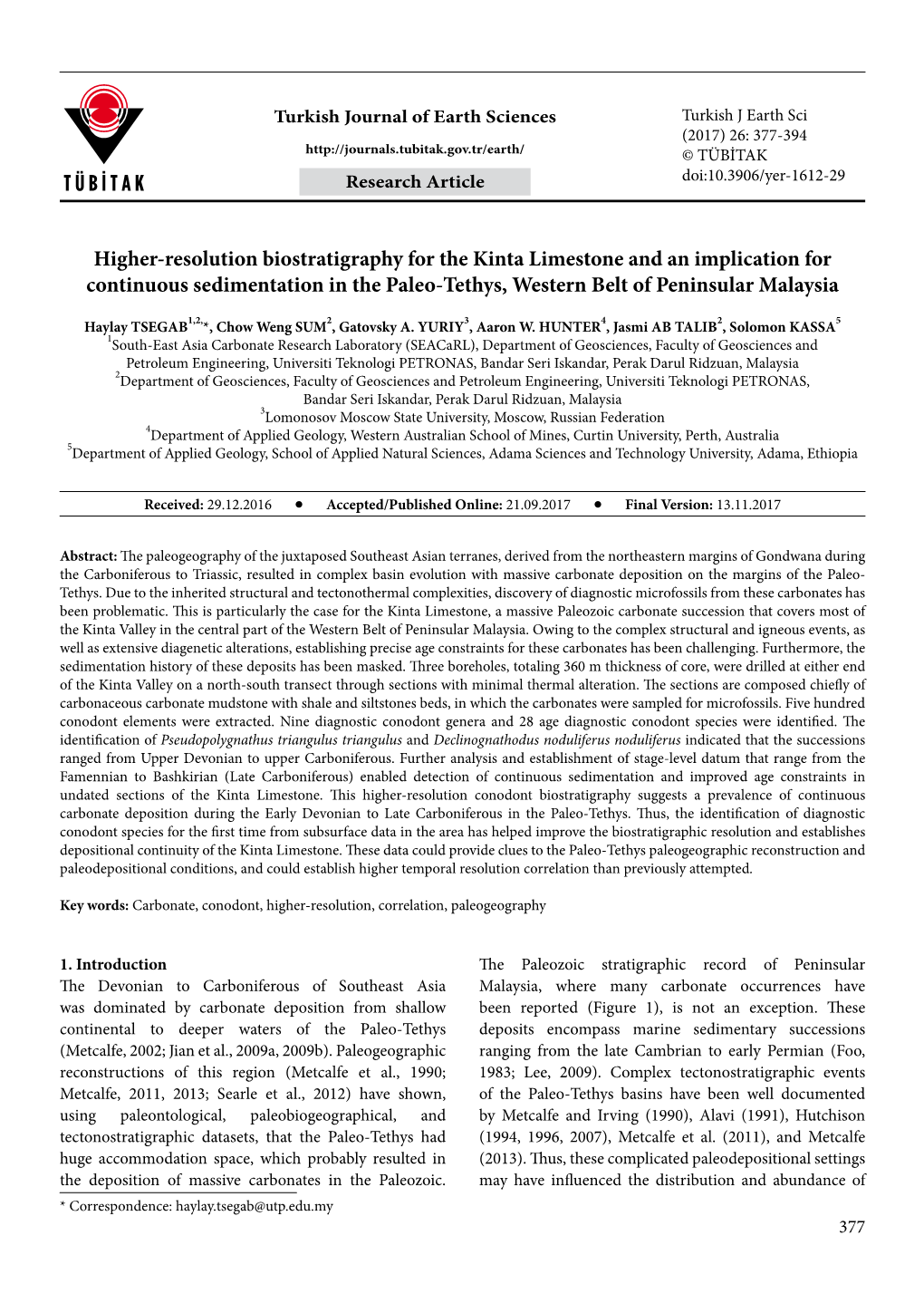 Higher-Resolution Biostratigraphy for the Kinta Limestone and an Implication for Continuous Sedimentation in the Paleo-Tethys, Western Belt of Peninsular Malaysia