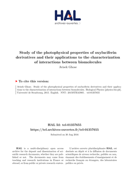 Study of the Photophysical Properties of Oxyluciferin Derivatives and Their Applications to the Characterization of Interactions Between Biomolecules Avisek Ghose