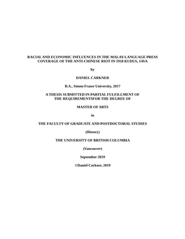 Racial and Economic Influences in the Malay-Language Press Coverage of the Anti-Chinese Riot in 1918 Kudus, Java