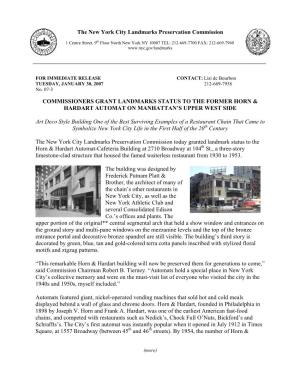 The New York City Landmarks Preservation Commission COMMISSIONERS GRANT LANDMARKS STATUS to the FORMER HORN & HARDART AUTOMA