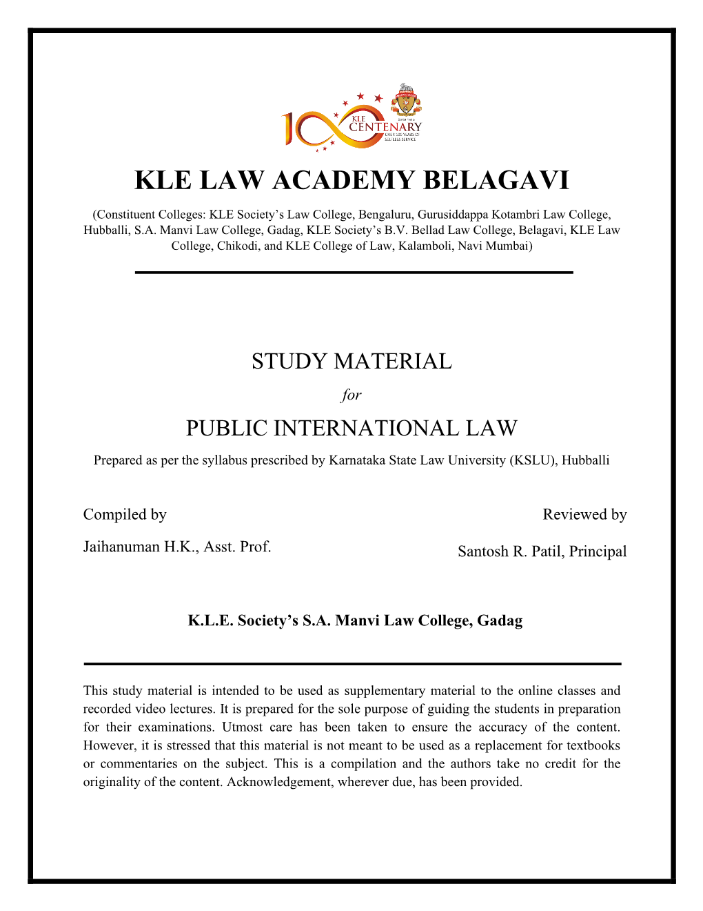 PUBLIC INTERNATIONAL LAW Prepared As Per the Syllabus Prescribed by Karnataka State Law University (KSLU), Hubballi