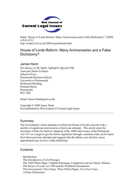 House of Lords Reform: Many Anniversaries and a False Dichotomy?‟ [2009] 4 Web JCLI