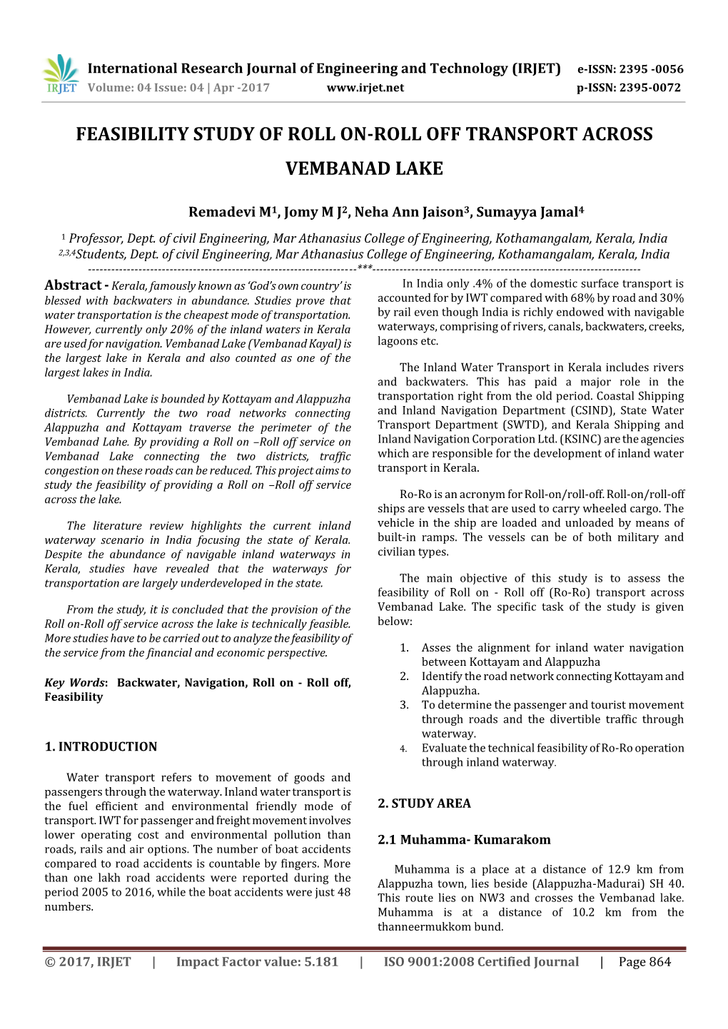 Feasibility Study of Roll On-Roll Off Transport Across Vembanad Lake