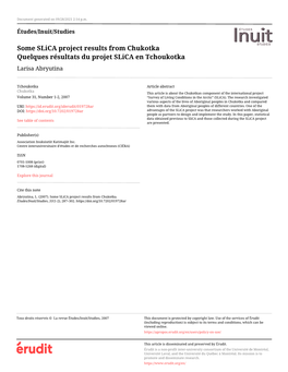 Some Slica Project Results from Chukotka Quelques Résultats Du Projet Slica En Tchoukotka Larisa Abryutina