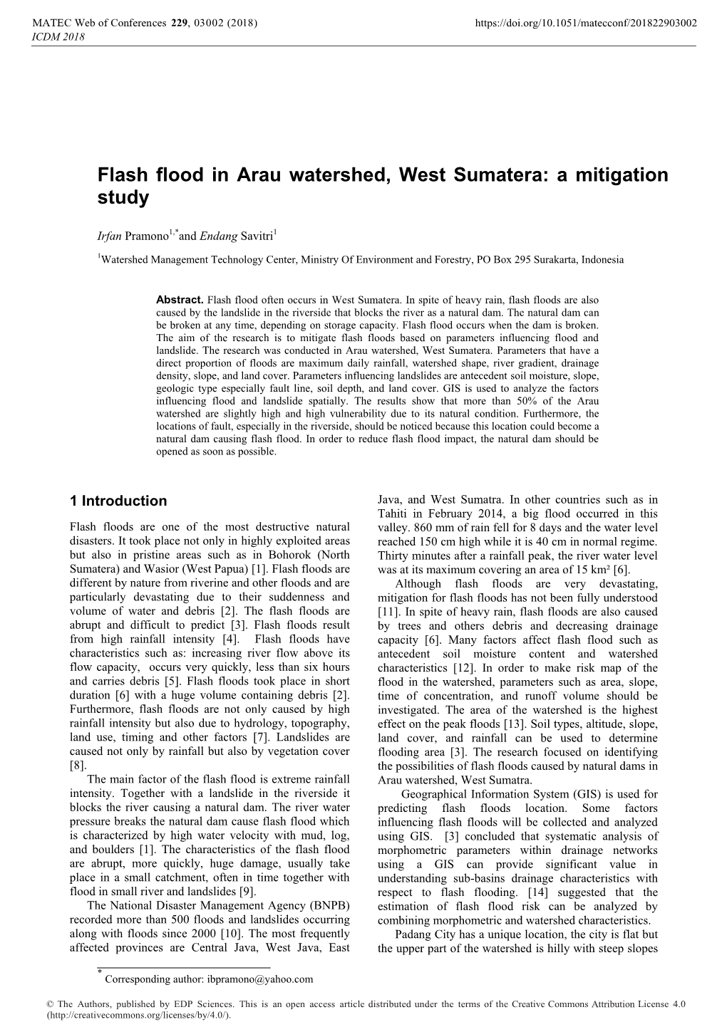 Flash Flood in Arau Watershed, West Sumatera: a Mitigation Study