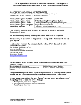 York Region Environmental Services – Holland Landing DWS Drinking Water Systems Regulation O