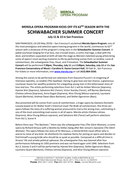 SCHWABACHER SUMMER CONCERT July 11 & 13 in San Francisco
