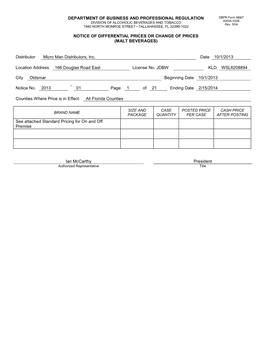 DEPARTMENT of BUSINESS and PROFESSIONAL REGULATION DBPR Form AB&T DIVISION of ALCOHOLIC BEVERAGES and TOBACCO 4000A-032E Rev