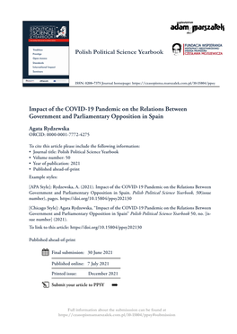 Polish Political Science Yearbook Impact of the COVID-19 Pandemic on the Relations Between Government and Parliamentary Oppositi