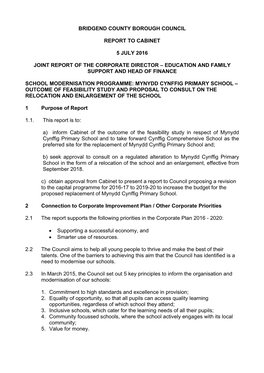 Mynydd Cynffig Primary School – Outcome of Feasibility Study and Proposal to Consult on the Relocation and Enlargement of the School