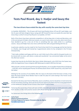 Tests Paul Ricard, Day 1: Hadjar and Saucy the Fastest