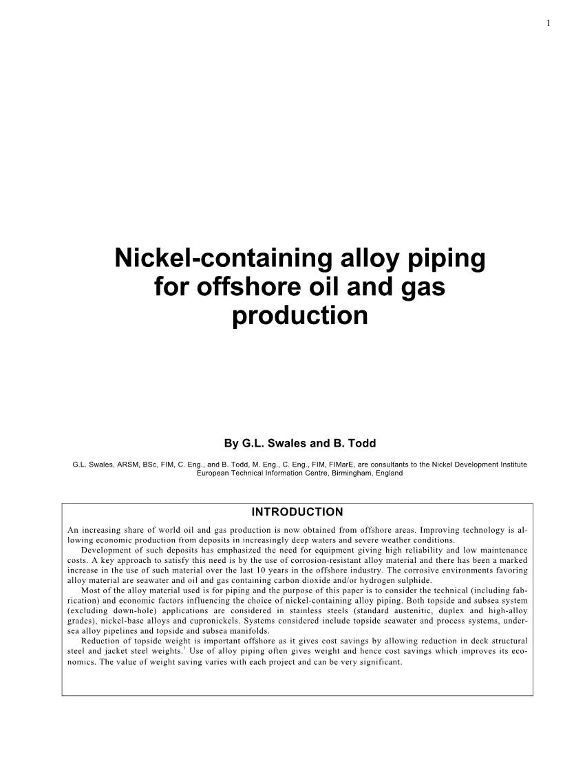 Nickel-Containing Alloy Piping for Offshore Oil and Gas Production