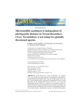 Microsatellite Usefulness Is Independent of Phylogenetic Distance in Tyrant Flycatchers (Aves: Tyrannidae): a Test Using Two Globally Threatened Species
