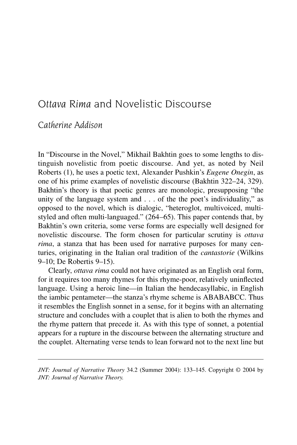 Ottava Rima and Novelistic Discourse