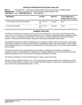 HOUSE of REPRESENTATIVES STAFF ANALYSIS BILL #: CS/CS/HB 875 Limitations of Actions Other Than for the Recovery of Real